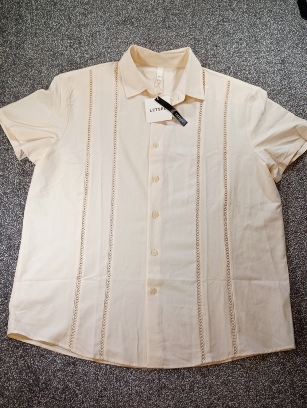 Cream Short-Sleeve Embroidered Dress Shirt